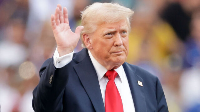 EAST RUTHERFORD, NJ - JULY 13: Donald Trump President of the United States waves to the crowd at the end of the FIFA Club World Cup Final on July, 13, 2025 at MetLife Stadium in East Rutherford, New Jersey.