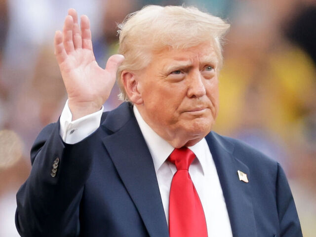 EAST RUTHERFORD, NJ - JULY 13: Donald Trump President of the United States waves to the crowd at the end of the FIFA Club World Cup Final on July, 13, 2025 at MetLife Stadium in East Rutherford, New Jersey.