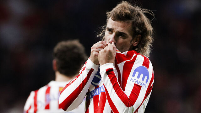 Antoine Griezmann of Atletico de Madrid celebrates a goal during the La Liga 2025/26 match between Atletico de Madrid and Levante at Riyadh Air Metropolitano Stadium in Madrid, Spain, on November 8.