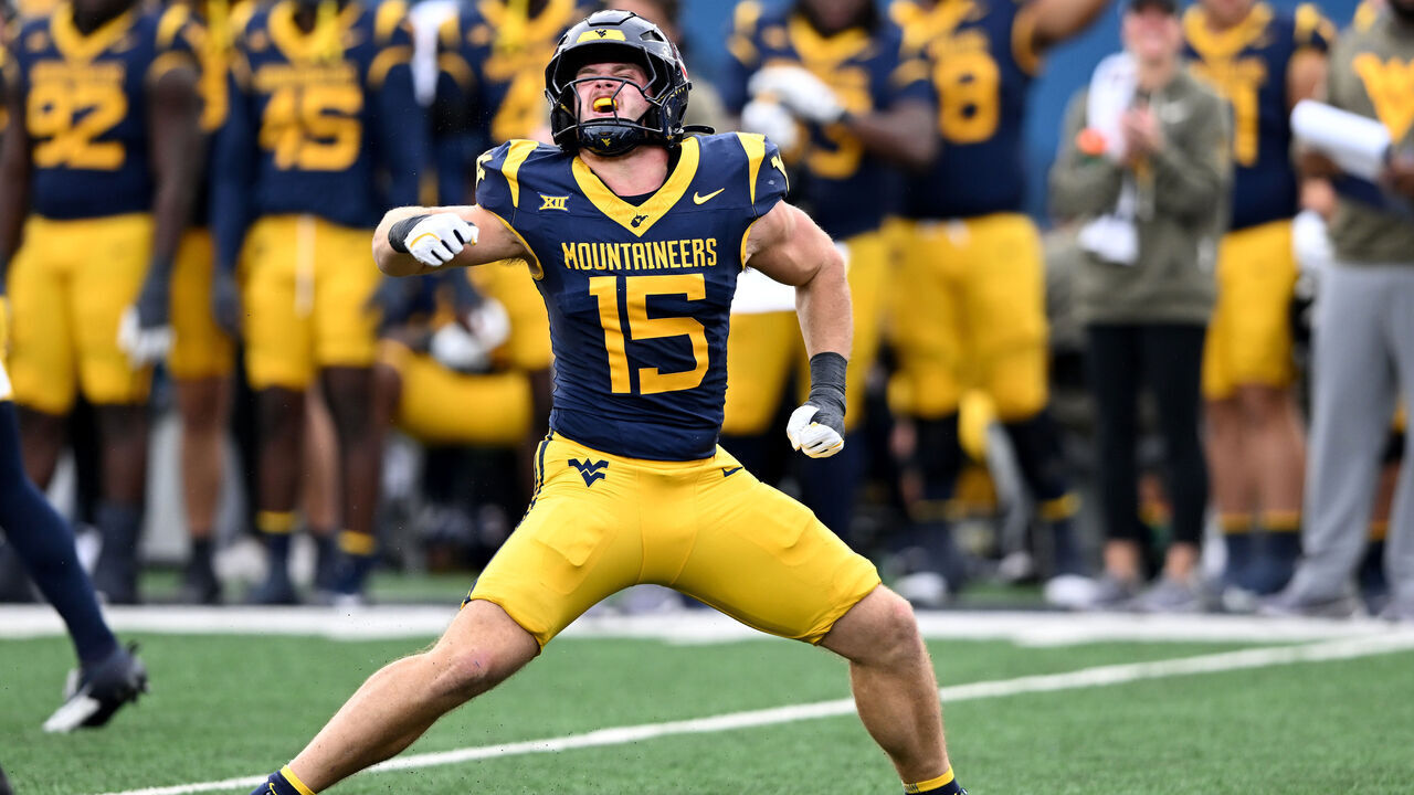 MORGANTOWN, WEST VIRGINIA - NOVEMBER 08: Ben Cutter #15 of the West Virginia Mountaineers celebrates a sack against the Colorado Buffaloes at Milan Puskar Stadium on November 08, 2025 in Morgantown, West Virginia.