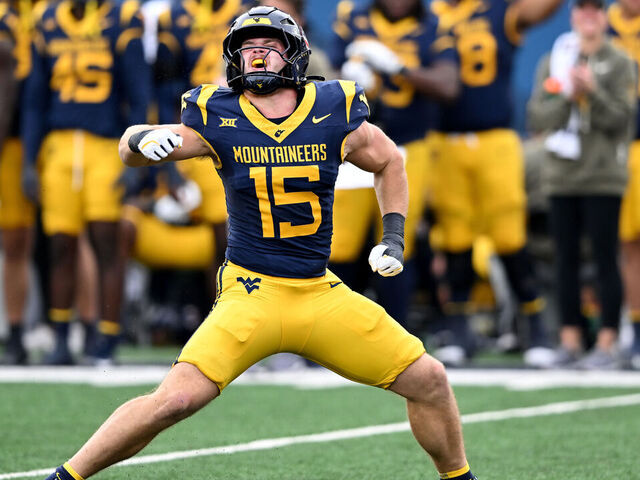 MORGANTOWN, WEST VIRGINIA - NOVEMBER 08: Ben Cutter #15 of the West Virginia Mountaineers celebrates a sack against the Colorado Buffaloes at Milan Puskar Stadium on November 08, 2025 in Morgantown, West Virginia.