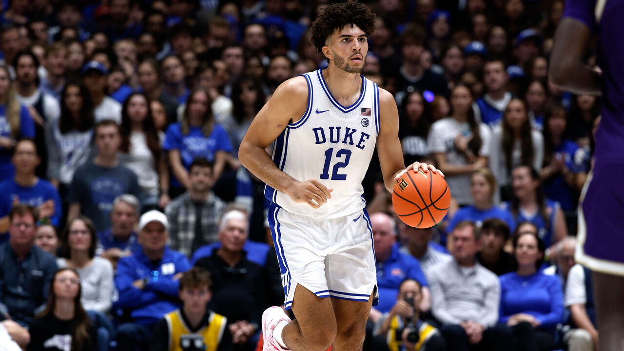 DURHAM, NORTH CAROLINA - NOVEMBER 8: Cameron Boozer #12 of the Duke Blue Devils dribbles up court in the first half against the Western Carolina Catamounts at Cameron Indoor Stadium on November 8, 2025 in Durham, North Carolina.