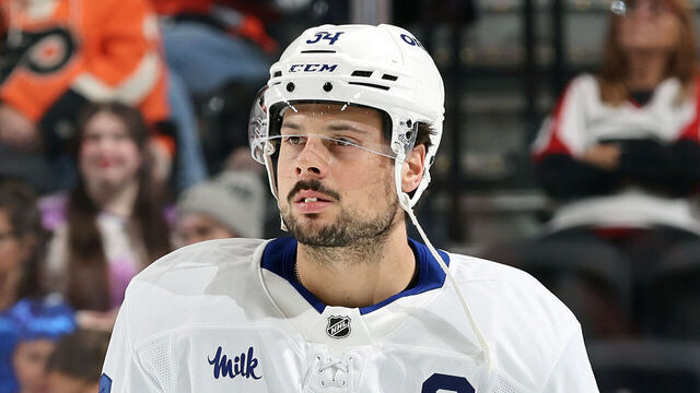 PHILADELPHIA, PENNSYLVANIA - NOVEMBER 01: Auston Matthews #34 of Toronto Maple Leafs looks on during warm-ups prior to his game against the Philadelphia Flyers at the Xfinity Mobile Arena on November 1, 2025 in Philadelphia, Pennsylvania.