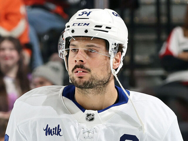 PHILADELPHIA, PENNSYLVANIA - NOVEMBER 01: Auston Matthews #34 of Toronto Maple Leafs looks on during warm-ups prior to his game against the Philadelphia Flyers at the Xfinity Mobile Arena on November 1, 2025 in Philadelphia, Pennsylvania.