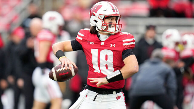 MADISON, WISCONSIN - NOVEMBER 08: Danny O'Neil #18 of the Wisconsin Badgers warms up before game against the Washington Huskies at Camp Randall Stadium on November 08, 2025 in Madison, Wisconsin.