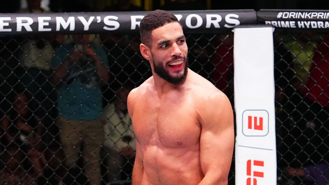 LAS VEGAS, NEVADA - NOVEMBER 08: Gabriel Bonfim of Brazil reacts after a knockout victory against Randy Brown of Jamaica in a welterweight fight during the UFC Fight Night event at UFC APEX on November 08, 2025 in Las Vegas, Nevada.