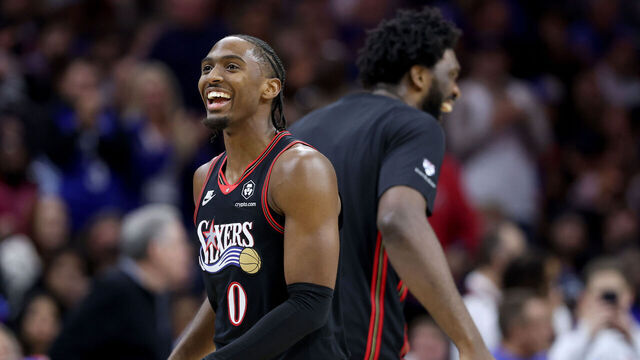 PHILADELPHIA, PENNSYLVANIA - NOVEMBER 08: Tyrese Maxey #0 and Joel Embiid #21 of the Philadelphia 76ers celebrate a basket during the second half against the Toronto Raptors at Xfinity Mobile Arena on November 08, 2025 in Philadelphia, Pennsylvania.