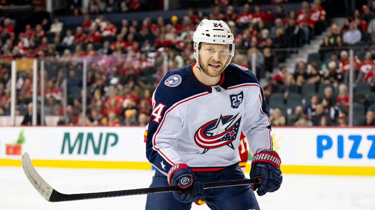 CALGARY, CANADA - NOVEMBER 5: Mathieu Olivier #24 of the Columbus Blue Jackets in action against the Calgary Flames during the third period at the Scotiabank Saddledome on November 5, 2025 in Calgary, Alberta, Canada.