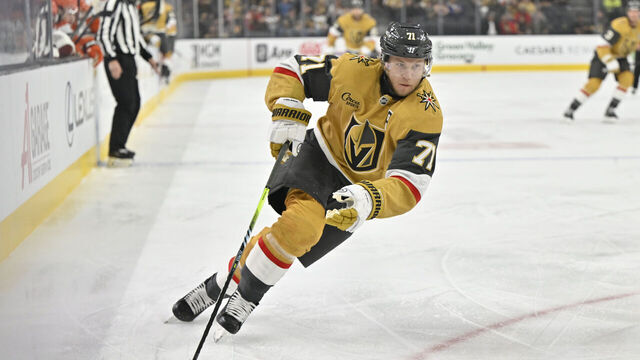 LAS VEGAS, NEVADA - NOVEMBER 08: William Karlsson #71 of the Vegas Golden Knights skates during the first period against the Anaheim Ducks at T-Mobile Arena on November 08, 2025 in Las Vegas, Nevada.
