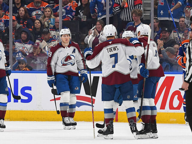 EDMONTON, CANADA - NOVEMBER 8: Martin Necas #88, Nathan MacKinnon #29, Devon Toews #7, Cale Makar #8 and Artturi Lehkonen #62 of the Colorado Avalanche celebrate a first-period goal against the Edmonton Oilers during the game at Rogers Place on November 8, 2025, in Edmonton, Alberta, Canada.