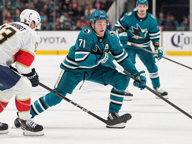 SAN JOSE, CA - NOVEMBER 8: Macklin Celebrini #71 of the San Jose Sharks skates with the puck in the first period against the Florida Panthers at SAP Center on November 8, 2025 in San Jose, California.