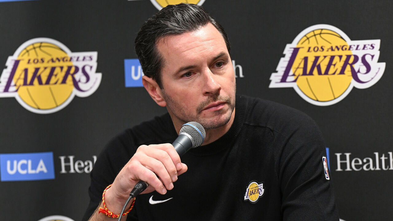 ATLANTA, GEORGIA - NOVEMBER 08: Head coach JJ Redick of the Los Angeles Lakers speaks during a press conference after the game against the Atlanta Hawks at State Farm Arena on November 8, 2025 in Atlanta, Georgia. The Atlanta Hawks defeated the Los Angeles Lakers 122-102.