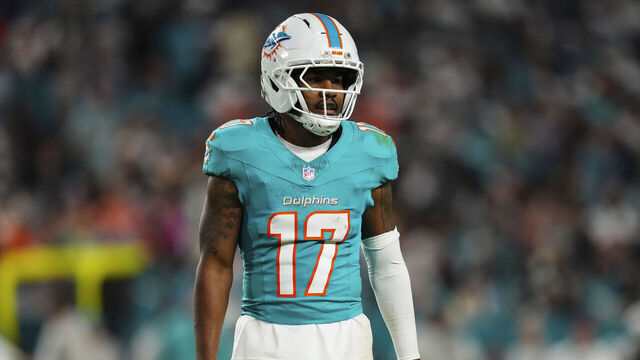 MIAMI GARDENS, FL - OCTOBER 30: Jaylen Waddle #17 of the Miami Dolphins looks on from the field during an NFL football game against the Baltimore Ravens at Hard Rock Stadium on October 30, 2025 in Miami Gardens, Florida.
