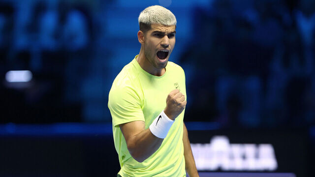 INALPI ARENA, TORINO, ITALY - 2025/11/09: Carlos Alcaraz of Spain celebrates during the Round Robin singles match between Carlos Alcaraz of Spain and Alex De Minaur of Australia on Day One of the Nitto ATP World Tour Finals. Carlos Alcaraz wins 7-6, 6-2 over Alex De Minaur .