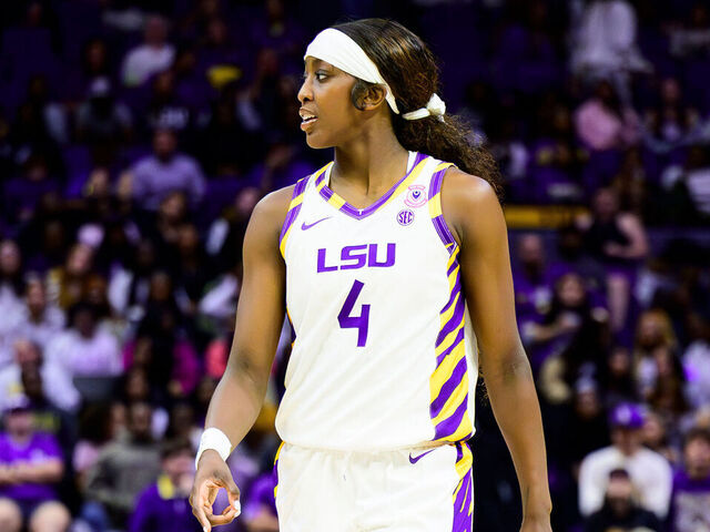 BATON ROUGE, LA - NOVEMBER 04: Flau'Jae Johnson #4 of the LSU Tigers in action against the Houston Christian Huskies on November 4, 2025 at the Pete Maravich Assembly Center in Baton Rouge, Louisiana.