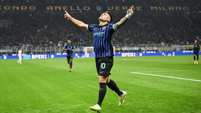 Lautaro Martinez of FC Inter celebrates after a goal during the Italian Serie A football match between FC Internazionale and SS Lazio in Milan, Italy, on November 9, 2025, at Giuseppe Meazza San Siro Stadium.