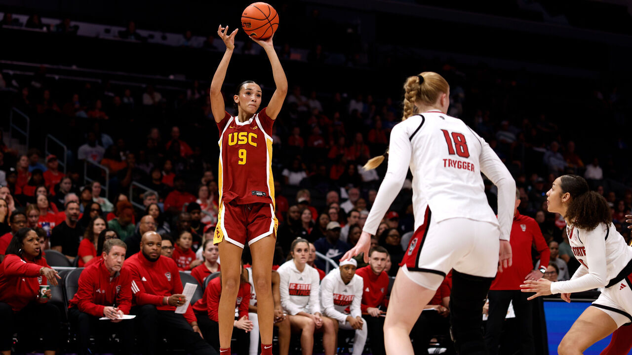 CHARLOTTE, NORTH CAROLINA - NOVEMBER 9: Jazzy Davidson #9 of the USC Trojans puts up a three-point shot against the NC State Wolfpack in the first half of their 2025 Ally Tipoff game at Spectrum Center on November 9, 2025 in Charlotte, North Carolina.