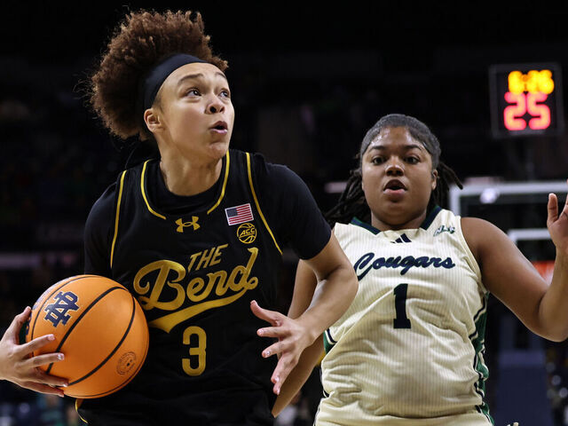 SOUTH BEND, INDIANA - NOVEMBER 9: Hannah Hidalgo #3 of the Notre Dame Fighting Irish dribbles past Aiyanna Culver #1 of the Chicago State Cougars during the first half at Purcell Pavilion at the Joyce Cente on November 9, 2025 in South Bend, Indiana.