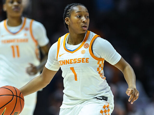 KNOXVILLE, TN - NOVEMBER 07: Tennessee Lady Volunteers guard Nya Robertson (1) brings the ball up court during the women's college basketball game between the Tennessee Lady Volunteers and the ETSU Buccaneers on November 7, 2025, at Food City Center in Knoxville, TN.