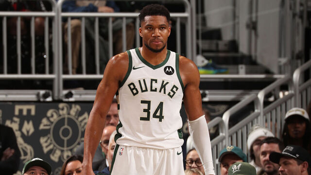 MILWAUKEE, WI - NOVEMBER 9: Giannis Antetokounmpo #34 of the Milwaukee Bucks looks on during the game against the Houston Rockets on November 9, 2025 at Fiserv Forum Center in Milwaukee, Wisconsin. Mandatory Copyright Notice: Copyright 2025 NBAE .