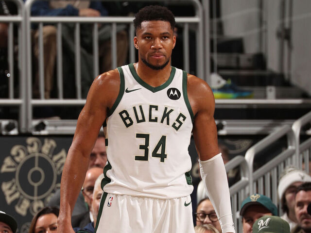 MILWAUKEE, WI - NOVEMBER 9: Giannis Antetokounmpo #34 of the Milwaukee Bucks looks on during the game against the Houston Rockets on November 9, 2025 at Fiserv Forum Center in Milwaukee, Wisconsin. Mandatory Copyright Notice: Copyright 2025 NBAE .