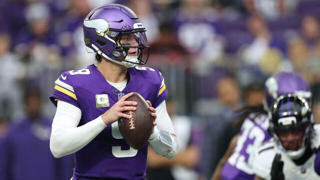 MINNEAPOLIS, MINNESOTA - NOVEMBER 09: J.J. McCarthy #9 of the Minnesota Vikings looks to pass the ball against the Baltimore Ravens during the second quarter in the game at U.S. Bank Stadium on November 09, 2025 in Minneapolis, Minnesota.