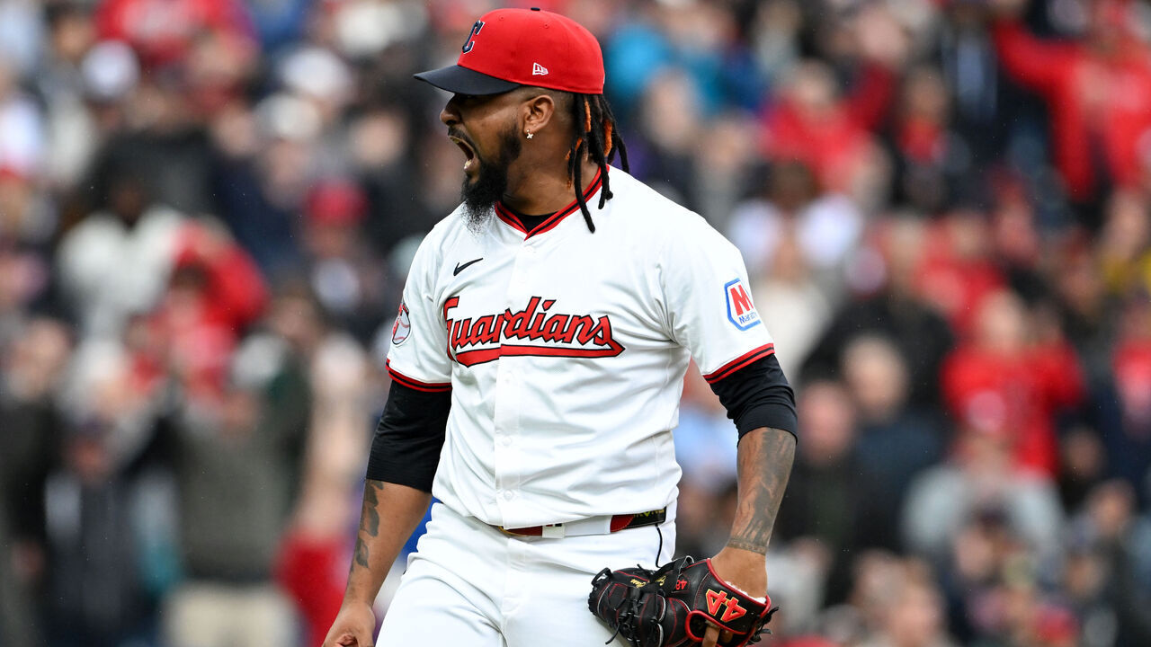 CLEVELAND, OHIO - MAY 28: Emmanuel Clase #48 of the Cleveland Guardians celebrates the team's 7-4 win over the Los Angeles Dodgers at Progressive Field on May 28, 2025 in Cleveland, Ohio.