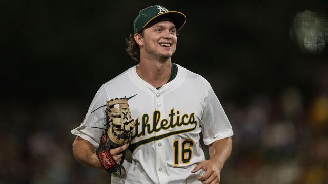 SACRAMENTO, CALIFORNIA - SEPTEMBER 26: Nick Kurtz #16 of the Athletics walks off the field in the top of the fifth inning against the Kansas City Royals at Sutter Health Park on September 26, 2025 in Sacramento, California.