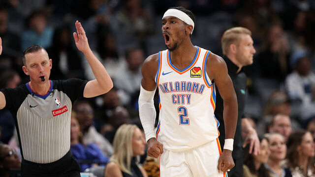 MEMPHIS, TENNESSEE - NOVEMBER 09: Shai Gilgeous-Alexander #2 of the Oklahoma City Thunder reacts during the second half against the Memphis Grizzlies at FedExForum on November 09, 2025 in Memphis, Tennessee.