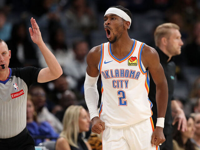 MEMPHIS, TENNESSEE - NOVEMBER 09: Shai Gilgeous-Alexander #2 of the Oklahoma City Thunder reacts during the second half against the Memphis Grizzlies at FedExForum on November 09, 2025 in Memphis, Tennessee.