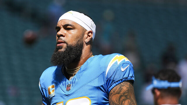 MIAMI GARDENS, FLORIDA - OCTOBER 12: Keenan Allen #13 of the Los Angeles Chargers warms up prior to an NFL football game against the Miami Dolphins at Hard Rock Stadium on October 12, 2025 in Miami Gardens, Florida.