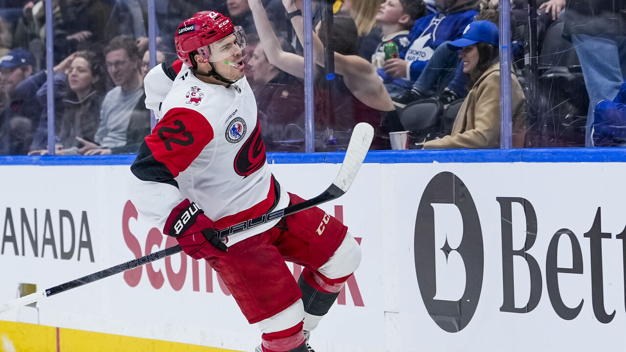 TORONTO, CANADA - NOVEMBER 9: Logan Stankoven #22 of the Carolina Hurricanes celebrates after scoring a goal against the Toronto Maple Leafs during the third period at the Scotiabank Arena on November 9, 2025 in Toronto, ON, Canada.