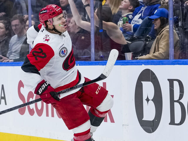 TORONTO, CANADA - NOVEMBER 9: Logan Stankoven #22 of the Carolina Hurricanes celebrates after scoring a goal against the Toronto Maple Leafs during the third period at the Scotiabank Arena on November 9, 2025 in Toronto, ON, Canada.