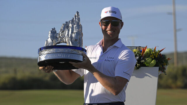 CABO SAN LUCAS, MEXICO - NOVEMBER 09: Ben Griffin of the United States poses with the championship trophy after the final round of the World Wide Technology Championship 2025 at El Cardonal at Diamante on November 09, 2025 in Cabo San Lucas, Mexico.