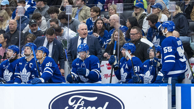 TORONTO, CANADA - OCTOBER 25: Toronto Maple Leafs head coach Craig Berube looks on from the bench against the Buffalo Sabres at the Scotiabank Arena on October 25, 2025 in Toronto, Ontario, Canada.