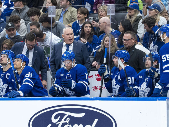 TORONTO, CANADA - OCTOBER 25: Toronto Maple Leafs head coach Craig Berube looks on from the bench against the Buffalo Sabres at the Scotiabank Arena on October 25, 2025 in Toronto, Ontario, Canada.