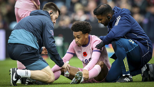 BIRMINGHAM, ENGLAND - NOVEMBER 09: Tyler Adams of Bournemouth receives treatment after a collision with team-mate Adam Smith during the Premier League match between Aston Villa and Bournemouth at Villa Park on November 09, 2025 in Birmingham, England.