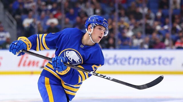 BUFFALO, NEW YORK - OCTOBER 18: Jiri Kulich #20 of the Buffalo Sabres shoots the puck against the Florida Panthers during an NHL game on October 18, 2025 at KeyBank Center in Buffalo, New York.