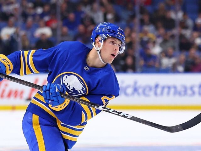 BUFFALO, NEW YORK - OCTOBER 18: Jiri Kulich #20 of the Buffalo Sabres shoots the puck against the Florida Panthers during an NHL game on October 18, 2025 at KeyBank Center in Buffalo, New York.