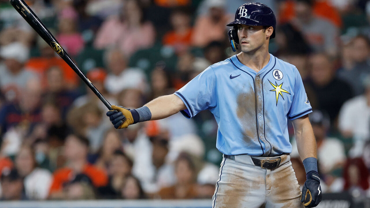 HOUSTON, TEXAS - JUNE 01: Kameron Misner #26 of the Tampa Bay Rays bats in the fifth inning against the Houston Astros at Daikin Park on June 01, 2025 in Houston, Texas.