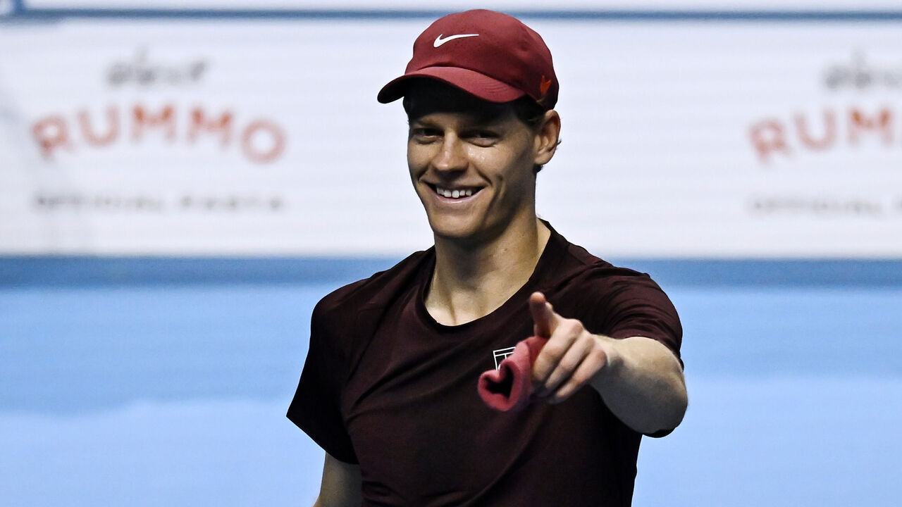 TURIN, ITALY - NOVEMBER 10: Jannik Sinner of Italy celebrate win against Felix Auger Aliassime of Canada during day two of the Nitto ATP Finals 2025 at Inalpi Arena on November 10, 2025 in Turin, Italy.