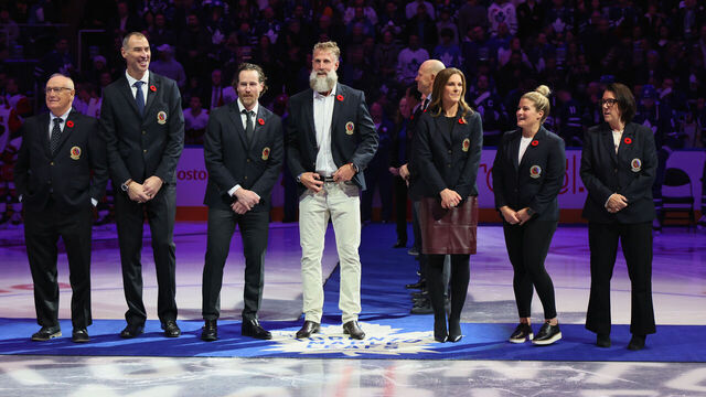 TORONTO, CANADA - NOVEMBER 09: (l-r) Jack Parker, Zdeno Chara, Duncan Keith, Joe Thornton, Jennifer Botterill, Brianna Decker and Daniele Sauvageau take part in a pregame ceremony honoring their upcoming induction into the Hockey Hall of Fame at Scotiabank Arena on November 09, 2025 in Toronto, Ontario, Canada.