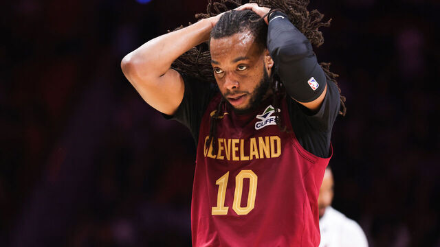 MIAMI, FLORIDA - NOVEMBER 10: Darius Garland #10 of the Cleveland Cavaliers reacts during the second quarter of the game against the Miami Heat at Kaseya Center on November 10, 2025 in Miami, Florida.