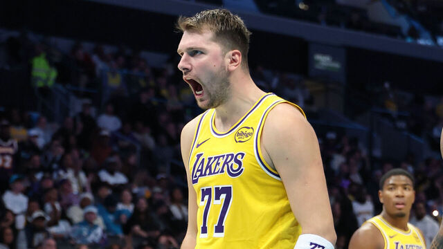 CHARLOTTE, NC - NOVEMBER 10: Luka Doncic #77 of the Los Angeles Lakers celebrates after the made basket against the Charlotte Hornets on November 10, 2025 at Spectrum Center in Charlotte, North Carolina. Mandatory Copyright Notice: Copyright 2025 NBAE