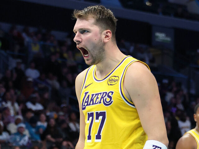CHARLOTTE, NC - NOVEMBER 10: Luka Doncic #77 of the Los Angeles Lakers celebrates after the made basket against the Charlotte Hornets on November 10, 2025 at Spectrum Center in Charlotte, North Carolina. Mandatory Copyright Notice: Copyright 2025 NBAE
