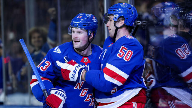 NEW YORK, NEW YORK - NOVEMBER 10: Will Cuylle #50 and Alexis Lafrenière #13 of the New York Rangers celebrate after a goal in the second period against the Nashville Predators at Madison Square Garden on November 10, 2025 in New York City.