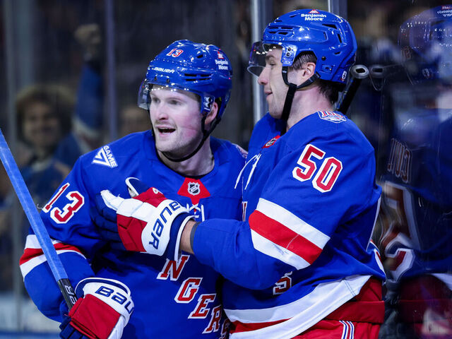 NEW YORK, NEW YORK - NOVEMBER 10: Will Cuylle #50 and Alexis Lafrenière #13 of the New York Rangers celebrate after a goal in the second period against the Nashville Predators at Madison Square Garden on November 10, 2025 in New York City.