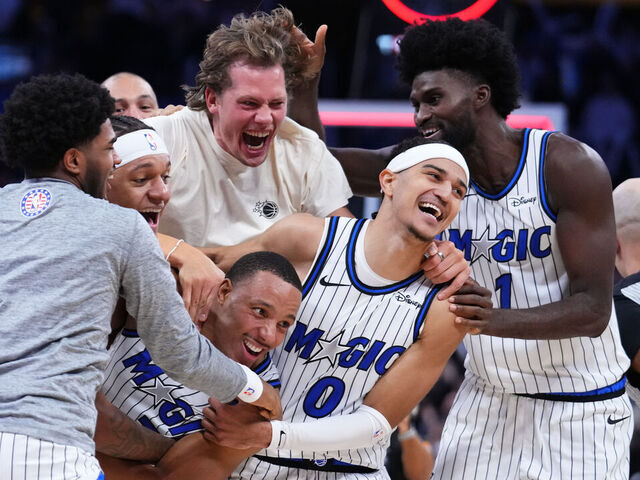 ORLANDO, FLORIDA - NOVEMBER 10: Desmond Bane #3 of the Orlando Magic celebrates with teammates after scoring the game winning shot at the buzzer against the Portland Trail Blazers during the fourth quarter at Kia Center on November 10, 2025 in Orlando, Florida.