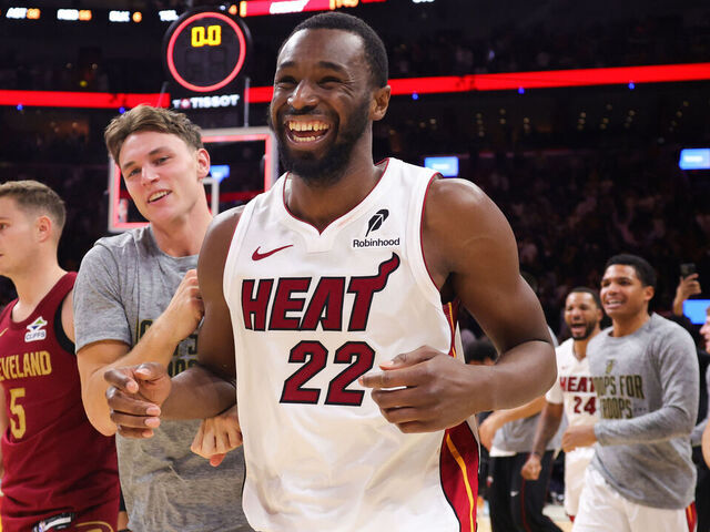 MIAMI, FLORIDA - NOVEMBER 10: Andrew Wiggins #22 of the Miami Heat celebrates with teammates after defeating the Cleveland Cavaliers in overtime at Kaseya Center on November 10, 2025 in Miami, Florida.