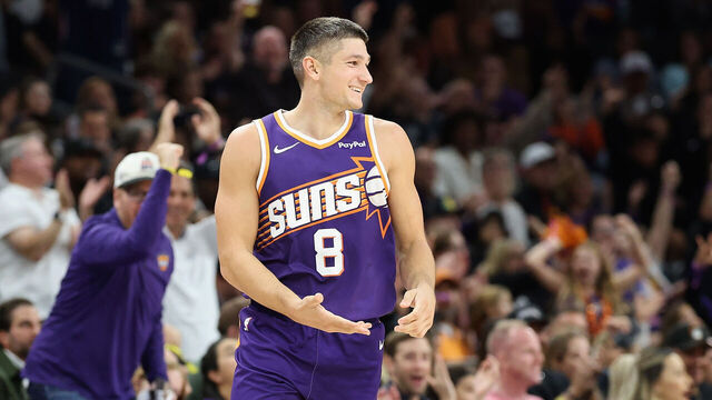 PHOENIX, ARIZONA - NOVEMBER 10: Grayson Allen #8 of the Phoenix Suns reacts after hitting a three-point shot against the New Orleans Pelicans during the second half of the NBA game at Mortgage Matchup Center on November 10, 2025 in Phoenix, Arizona. Allen broke the Phoenix Suns' franchise record for most three-pointers made in a single game with 10.